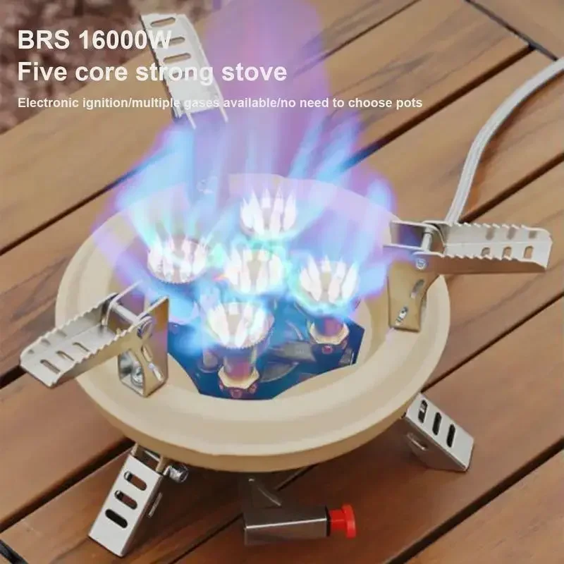 Camping Portable Mini Camp Stove 16000W 5-Core Strong Power Gas Stoves Windshield Butane Gas Burner with Pizeo Ignition