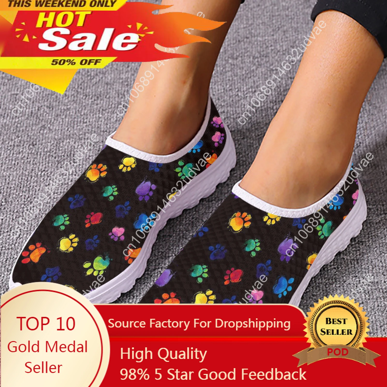 

Mesh Women Casual Shoes Rainbow Color Dog Paw Pattern Printing Breathable Flats Female Slip On Sneakers Sapato Lady