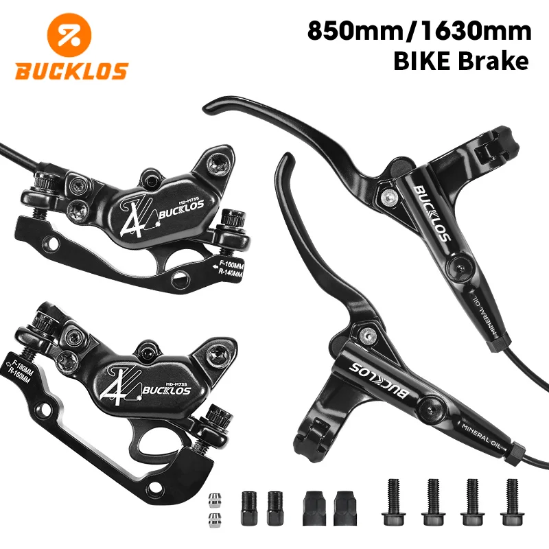 BUCKLOS MTB Front Rear Hydraulic Brake Set 4-Piston E-Bike Hydraulic Brake Set 850/1630mm Bicycle Hydraulic Brake Set MTB Part