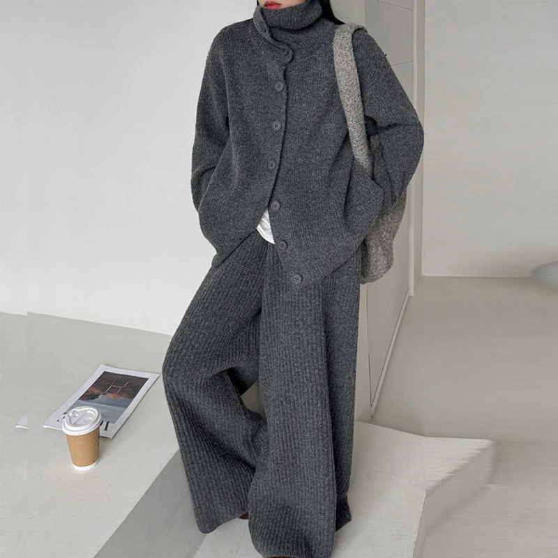 Loose Casual Knitted Wool Sweater Jacket Top And Wide Leg Pants Two Piece Set Women's Winter New Style Korean Version