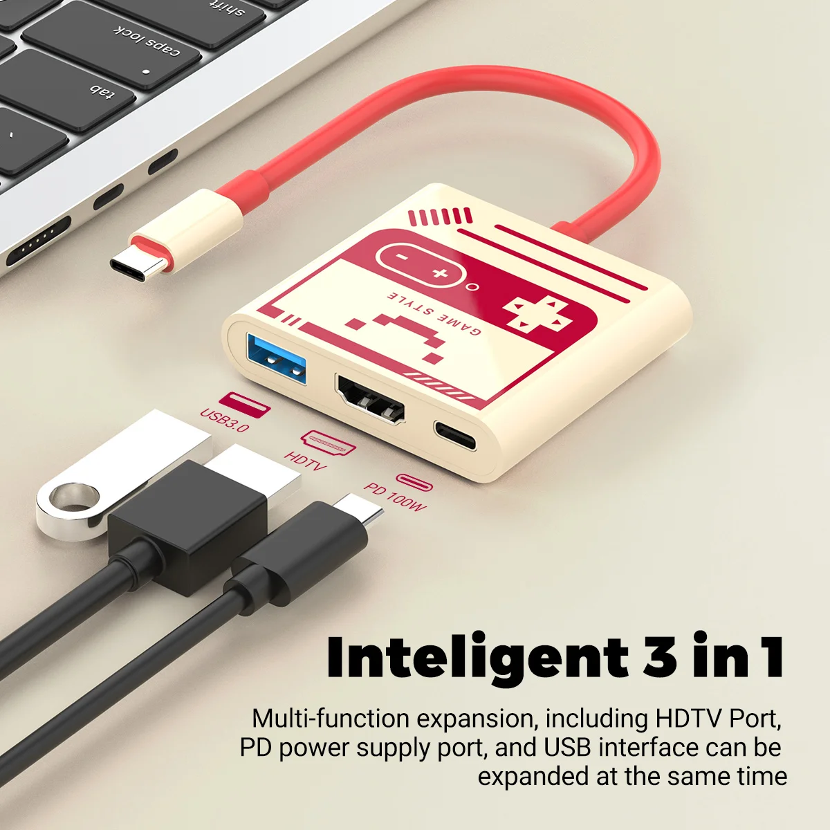 Conmutador portátil/con base de TV Oled con HDMI, USB 3,0 y puerto de carga USB C 100W compatible con concentrador Usb de salida de vídeo 4K, 1080P