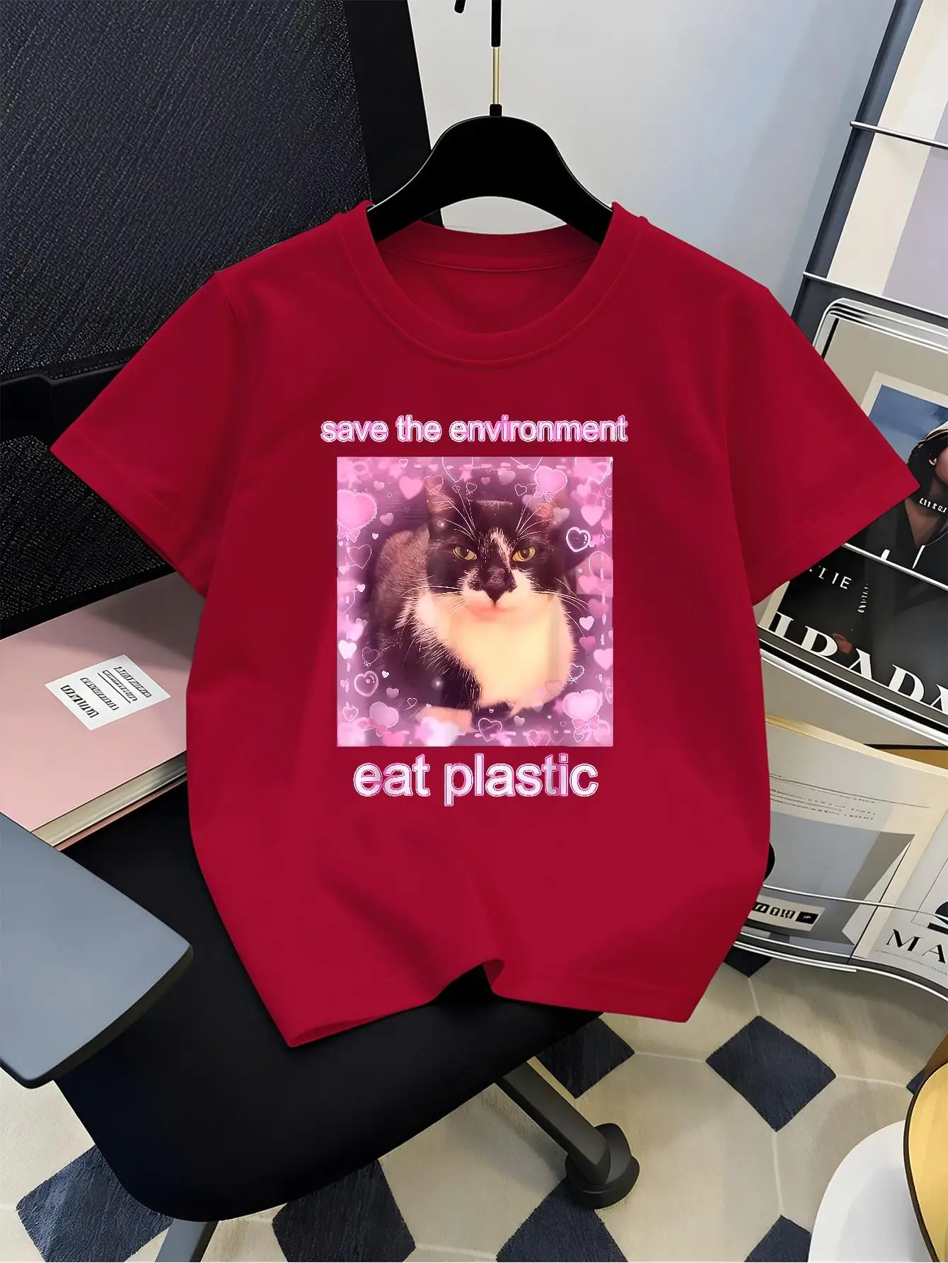 Kids Family Matching Short Sleeve Tshirt Boys Girls Save The Environment Eat Plastic Cat Pink Heart Meme Graphic Parent Child Te
