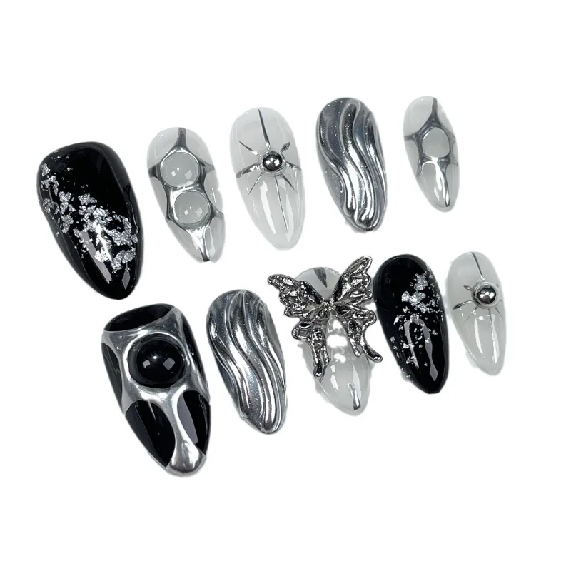 Handmade 3D Borboleta Pregos Postiços, Simples Metal Almond, Preto Prata, Y2K, Pressione nas unhas com encantos, Acrílico Nail Art Tips, 10pcs