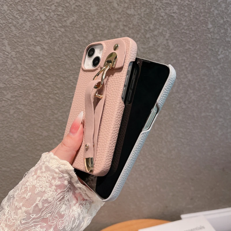 The New Model Is Suitable for iphone 15 Pebbled Wristband Bracket Phone Case 11 12 13 14 PRO MAX Leather Drop Protection Cover