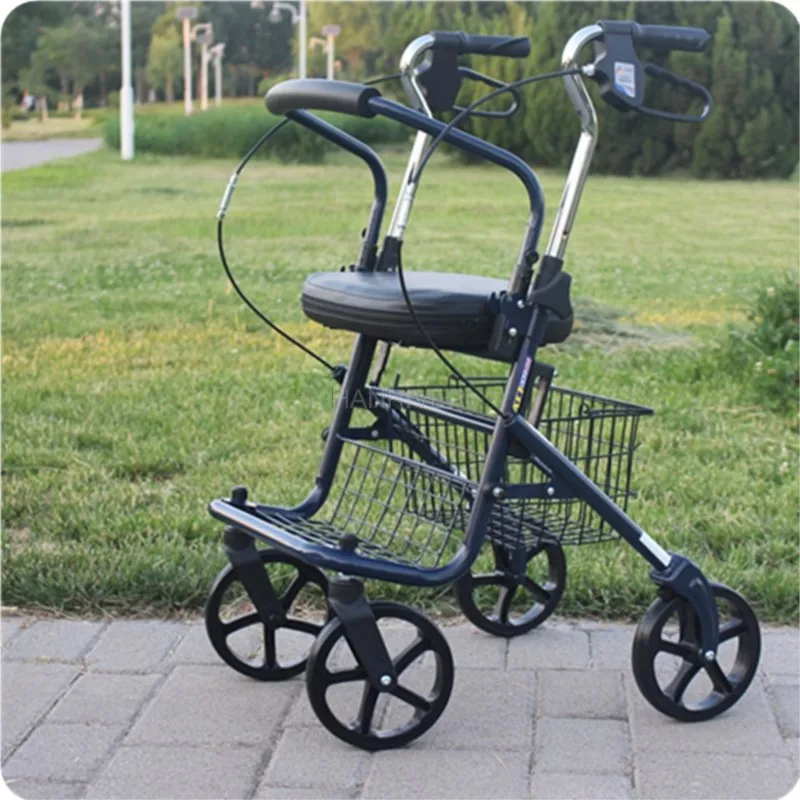 Folding shopping scooter for the elderly portable trolleys with four wheels can be pushed and seated to buy vegetables