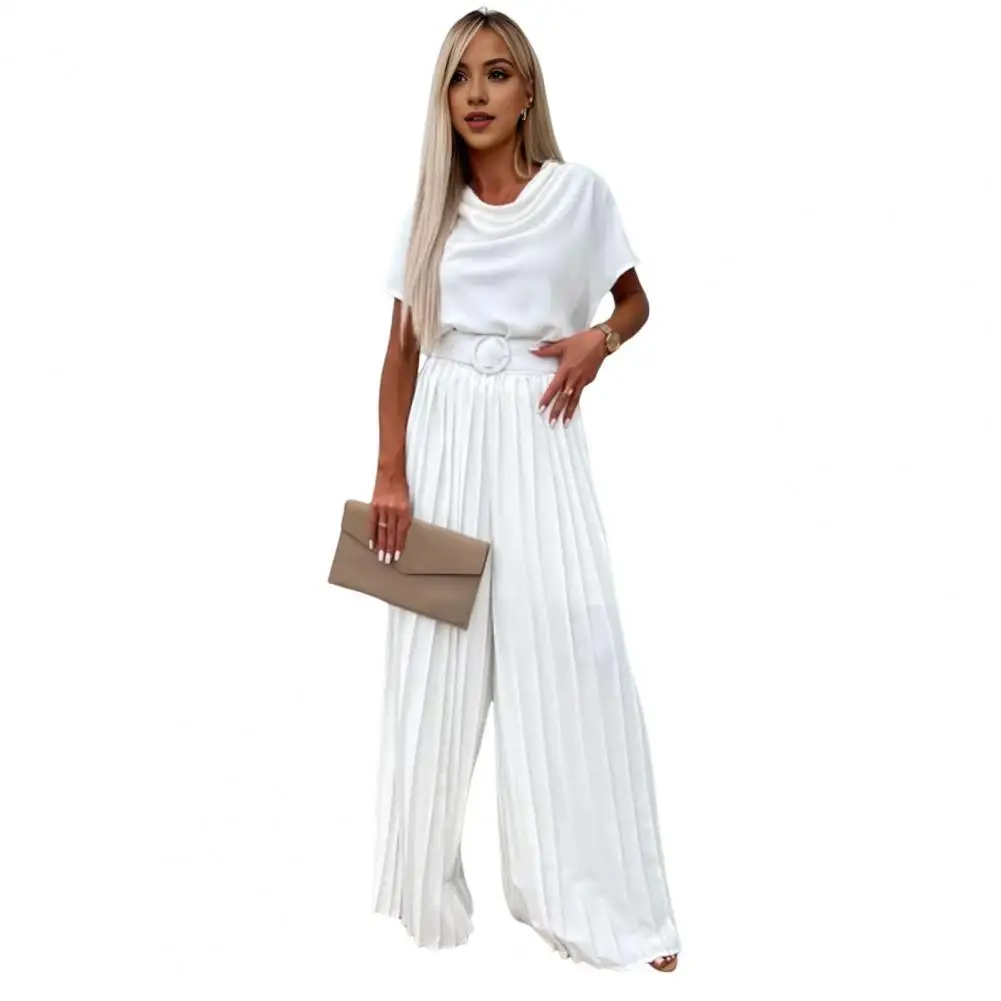 

Short Sleeve Jumpsuit Elegant Women's Wide Leg Jumpsuit with Belted Waist Pleated Collar for Formal Occasions Office Wear Women