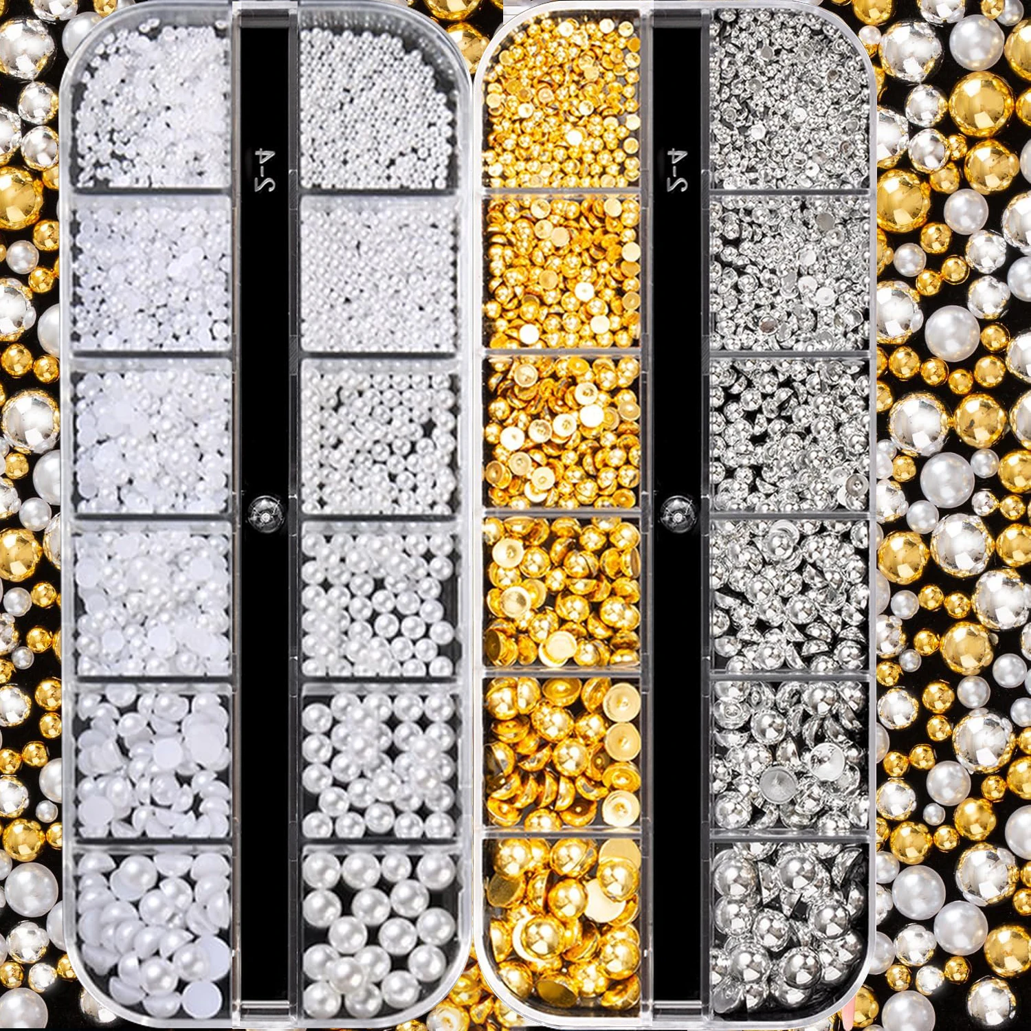 

2 Box Silver & Gold Nail Charms Pearls Flatback/Round White Pearl Nail Decoration Beads for Nails Art Half Round Rhinestones