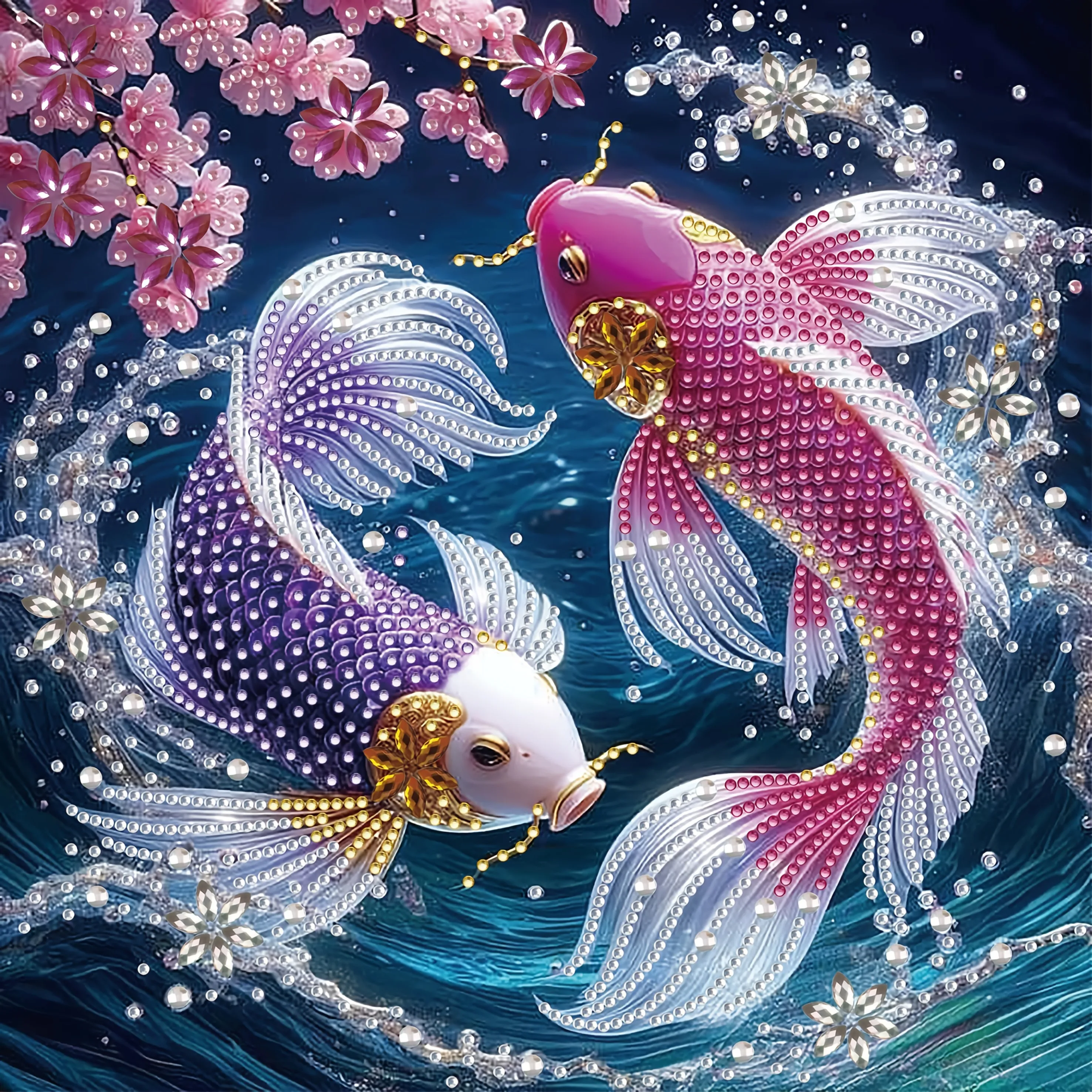 Set de Pintura de Diamantes con Diseño de Pez Koi y Flor de Cerezo, con Cristales y Pedrería para Decoración de Paredes en Casa