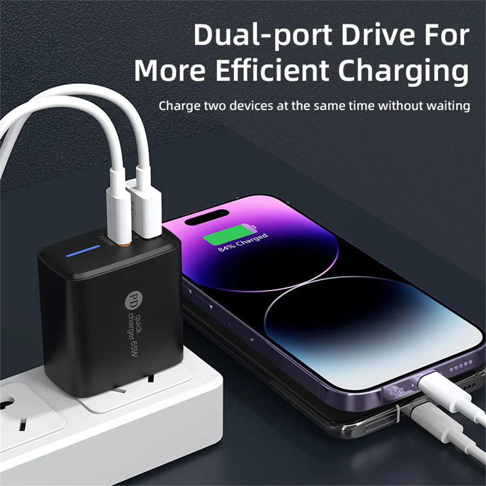 Total 65W PD Fast Charging Charger USB-A and USB C Dual Ports Adapter For  iPhone Huawei Samsung Xiaomi Quick Charger EU/US/UK