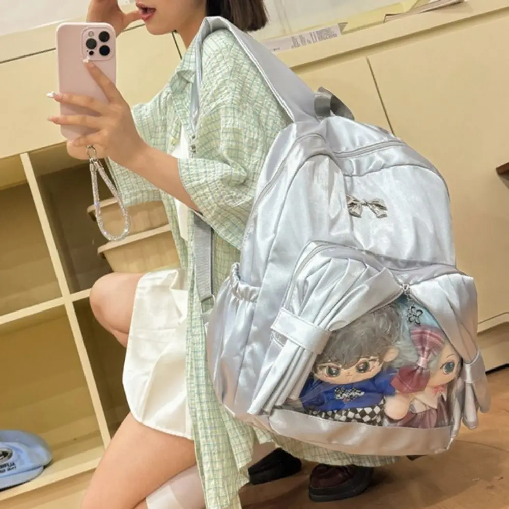 Large Capacity Transparent Pocket Curtain Backpack Nylon Clear Cotton Doll Itabag Bow Creative Badge Display Ita Bag Lolita