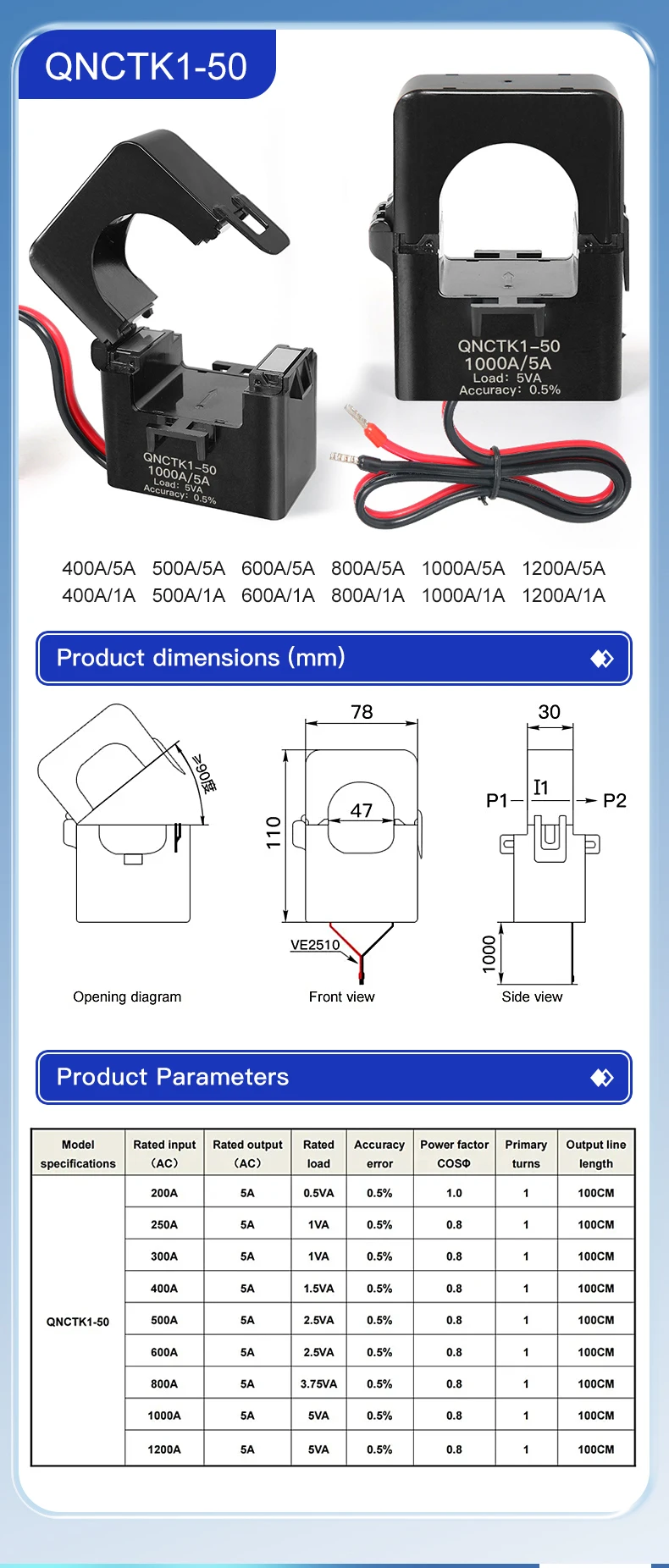 QNCTK1-24 Split-Core-Stromwandler 100 5 150 200 300 400 5A 500 600 AC CT Klemm-Stromwandler Offener Typ QNCTK1-36 – Detail 3