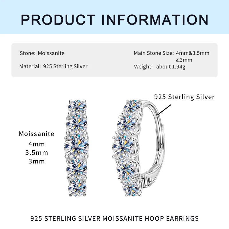 Real 925 Sterling Silver Luxury Clip Earrings D Color VVS1 Moisanite Lab Diamond Hoop Earrings Sparking Wedding Fine Jewelry