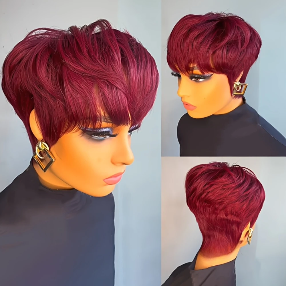 99J Burgundy สี Pixie ตัดตรงวิกผมผมมนุษย์ผู้หญิงเต็มรูปแบบวิกผมมนุษย์ 150% ความหนาแน่น 6 นิ้ว