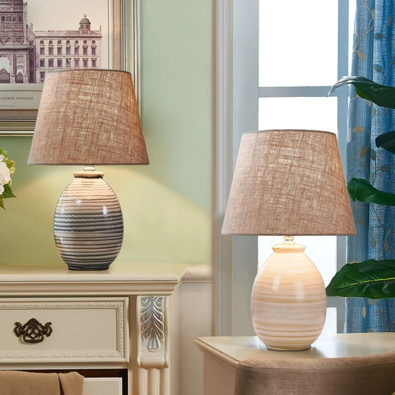 Chinese Minimalist Stripe Ceramic Base Floor Lamp Modern Study Bedroom Bedside Living Room Eye Protection Fabric LED Table Light