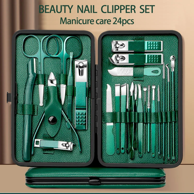 Dark Green 7/13/24pcs Nail Clippers & Manicure Set with Travel Case - Stainless Steel Cuticle Nippers, Pedicure Tools for Hands