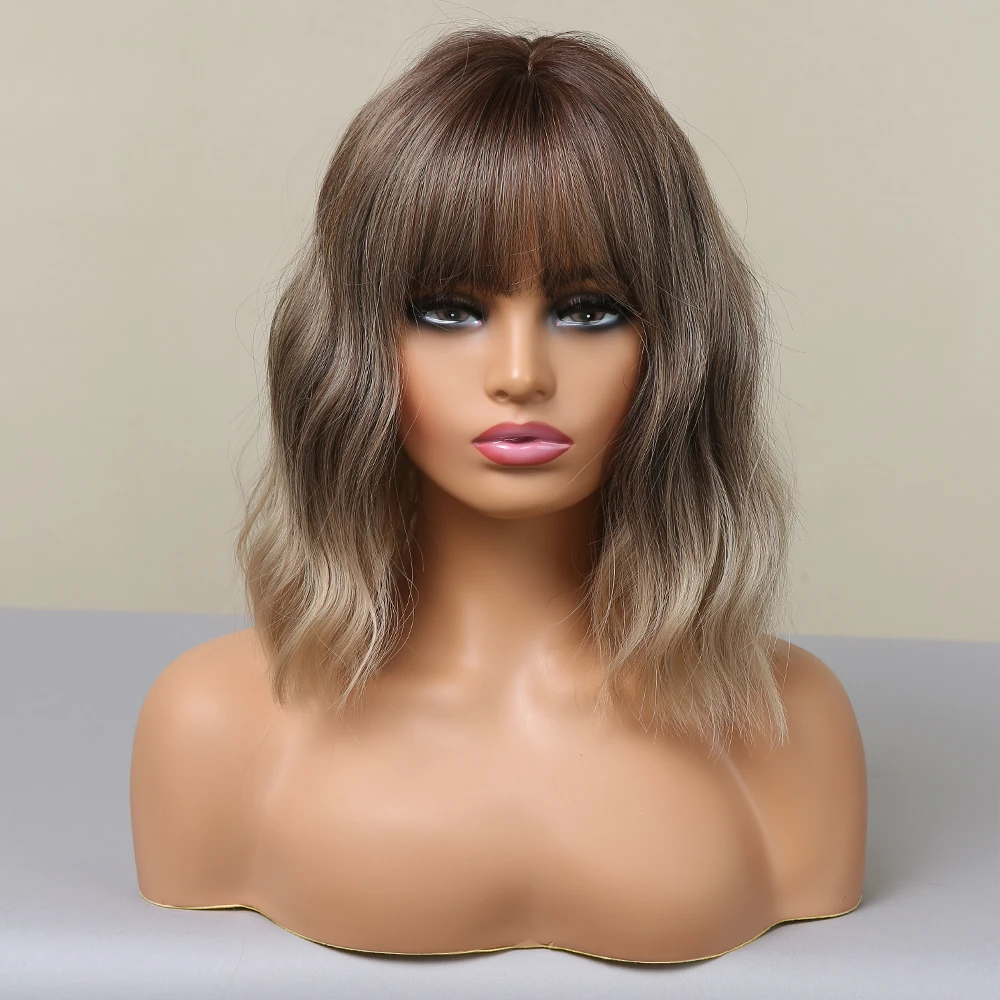 Synthetic Natural Wavy Bob Wig Ombre Dark Brown to Light Blonde with Bangs Heat Resistant Wig for Women Daily Wear Party