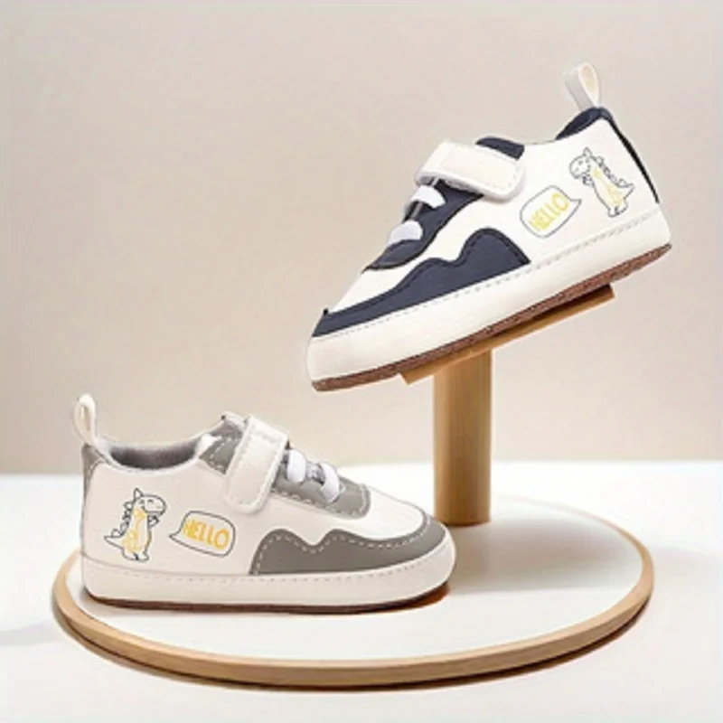 Infant Pre-Walker Shoes Baby Shoes 0-18M Color Block PU Dinosaur Print Shoes Soft Sole Casual for Boys Girls