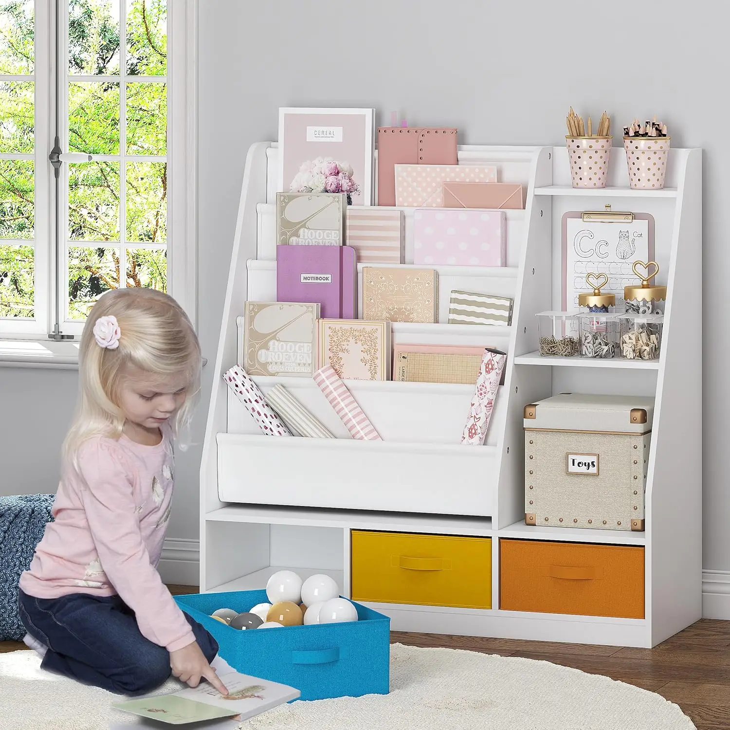 5-Tier Kids Sling Bookshelf with Storage Bins, Wood Children Bookcase for Kids Room Classroom, Bedroom Nursery White