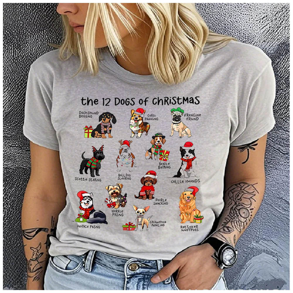 Cotton 100% Christmas 12 Breeds Dogs T-Shirt Cute Xmas Puppy Graphic Tee Women Casual Short Sleeve Holiday Dog Lover Gift Top