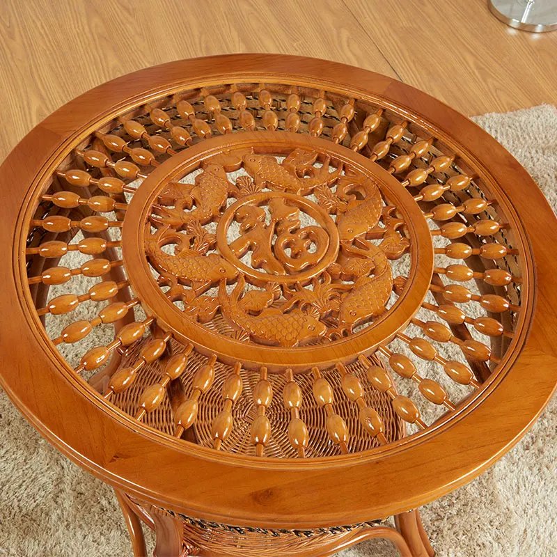 Artistic Round Rattan Coffee Table Mini Tea Dining Table for Balcony Living Room Woven Corner Side