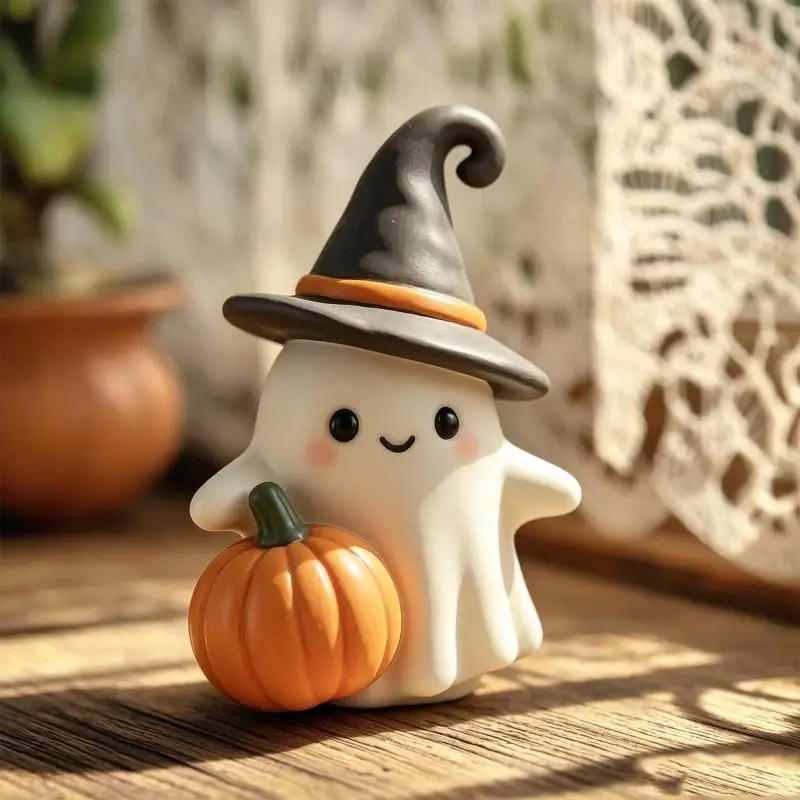 Resin Halloween Ghost With Pumpkin Ornament Mini Desktop Decor For Desk Window Sill Holiday Photo Prop Gift