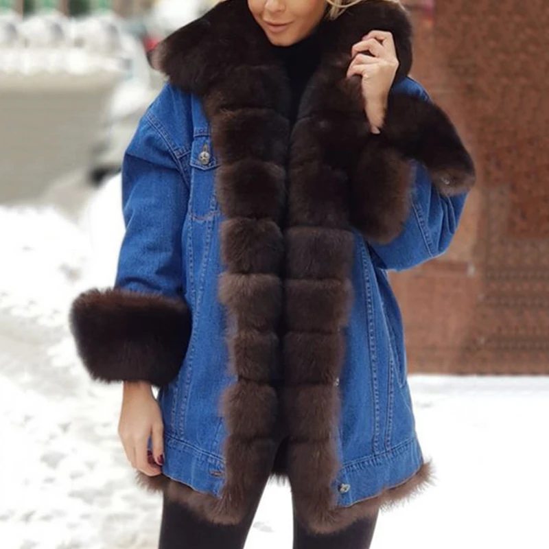 Women Fur Integrated Denim Jacket with Plush Warmth Trend Fashionable Loose Comfortable Versatile Long Sleeved Long Style Jacket