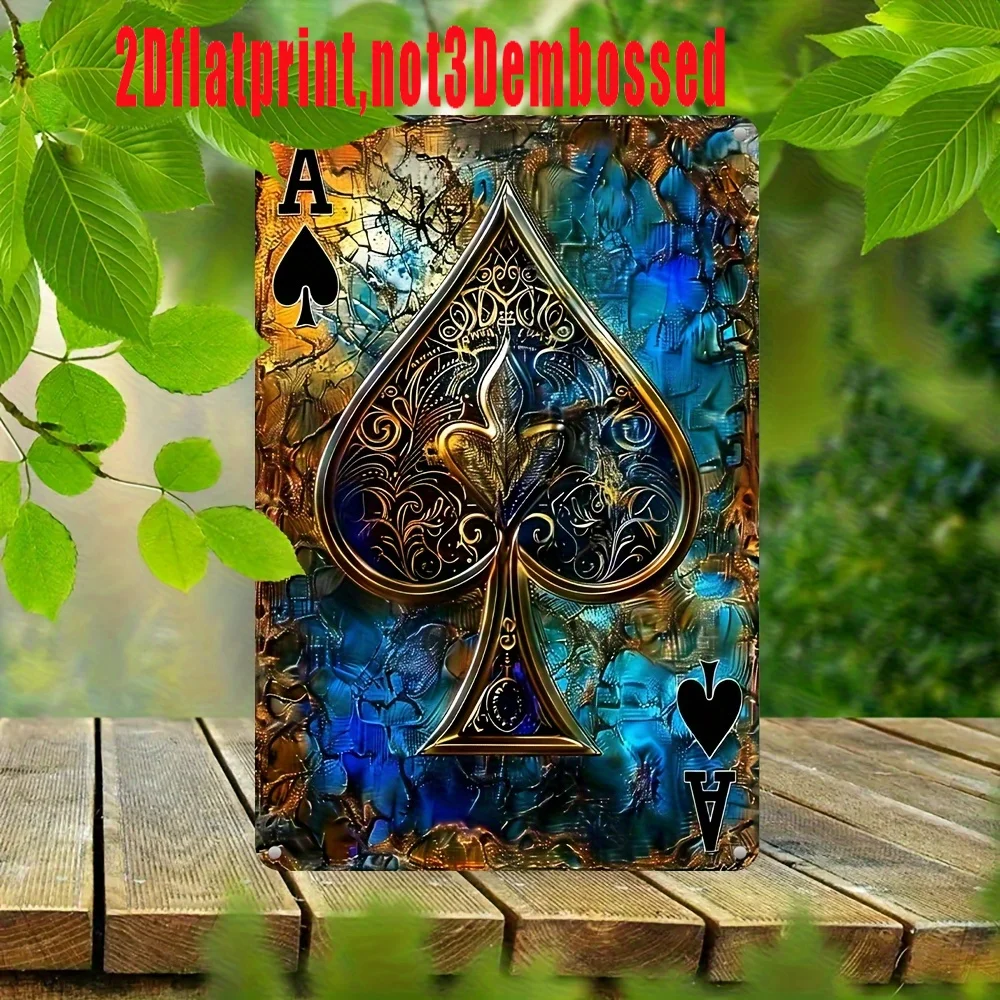 Vintage Ace Of Spades Metal Wall Art Sign - 8x12 Inch Aluminum Tinplate With Intricate Blue & Golden Design, Waterproof & Dustpr