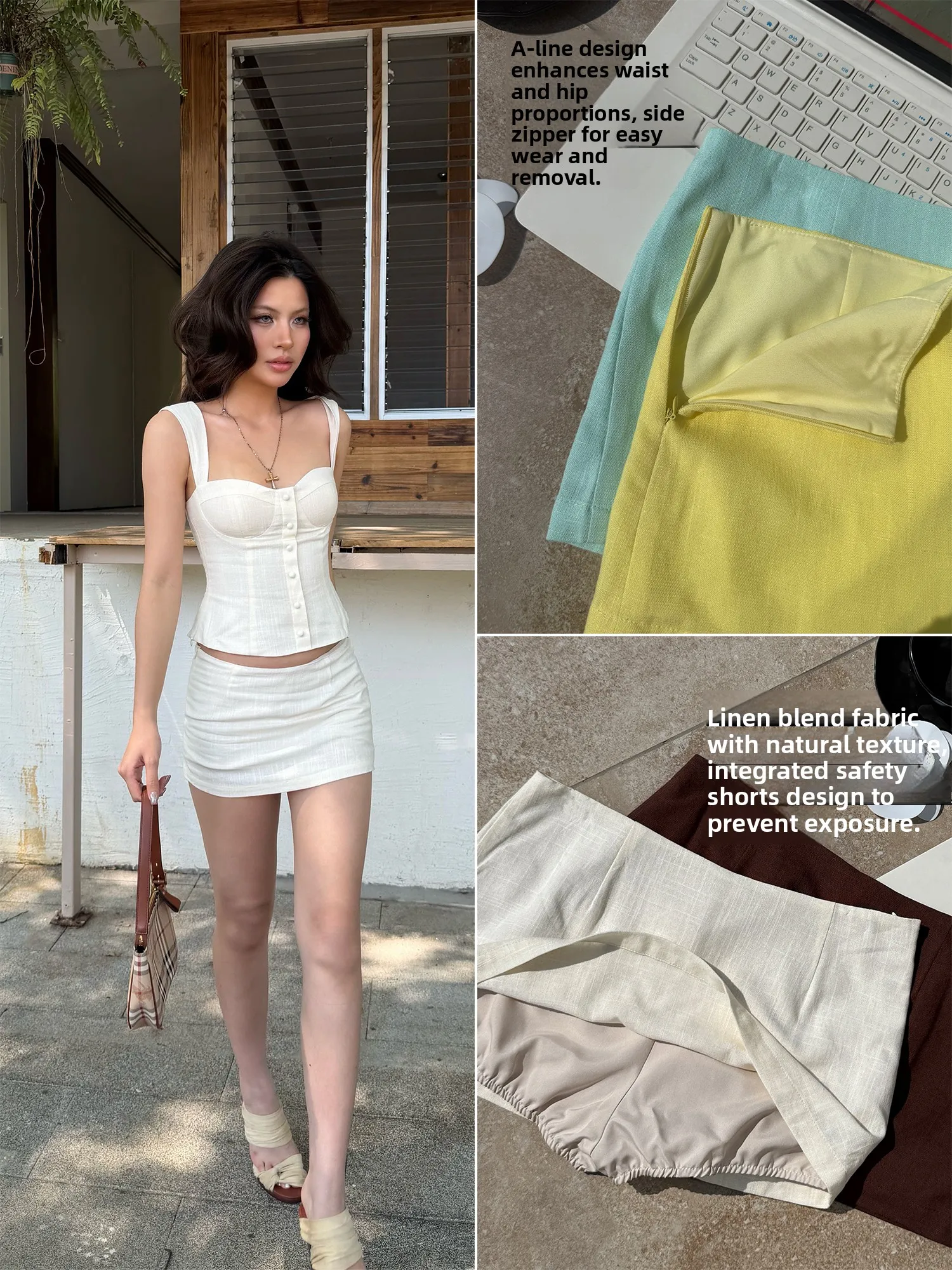 Audwyn Linen Blend  Skirt Slim Fit Bodycon Sexy Chic Girl Style Simple Basic Half Length High Waist Pleated Women's Skirt