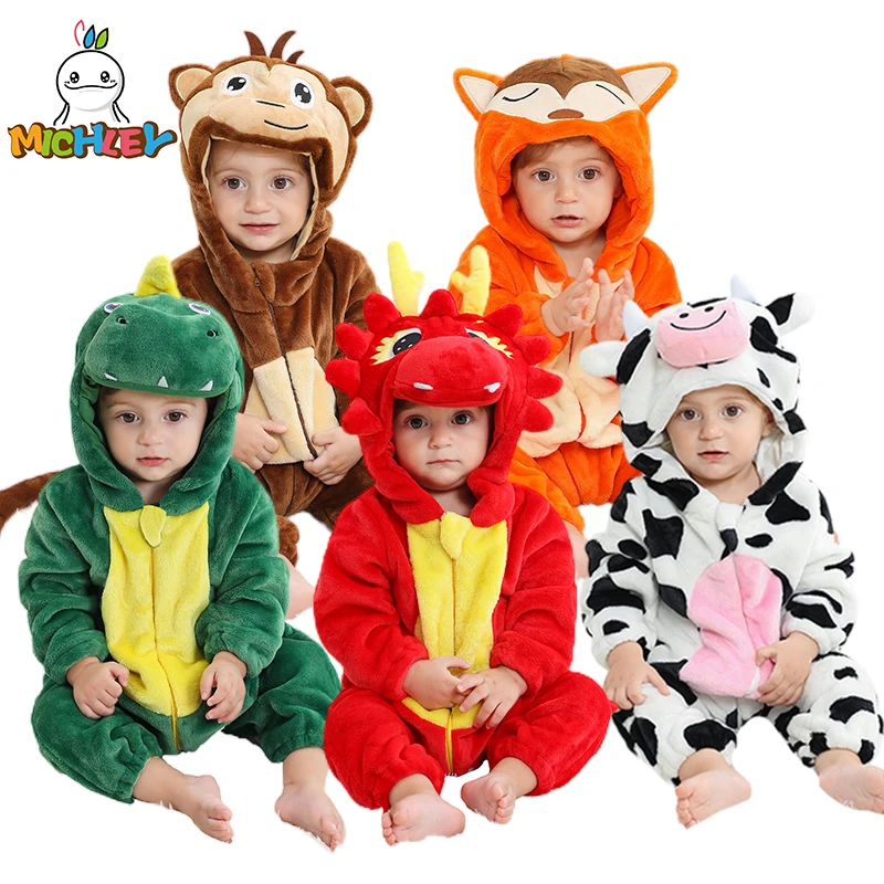 MICHLEY Halloween Dinosaur Baby Rompers Winter Flannel Toddler Infant Clothes Hooded Overall Bodysuits Jumpsuit Costume For Kids