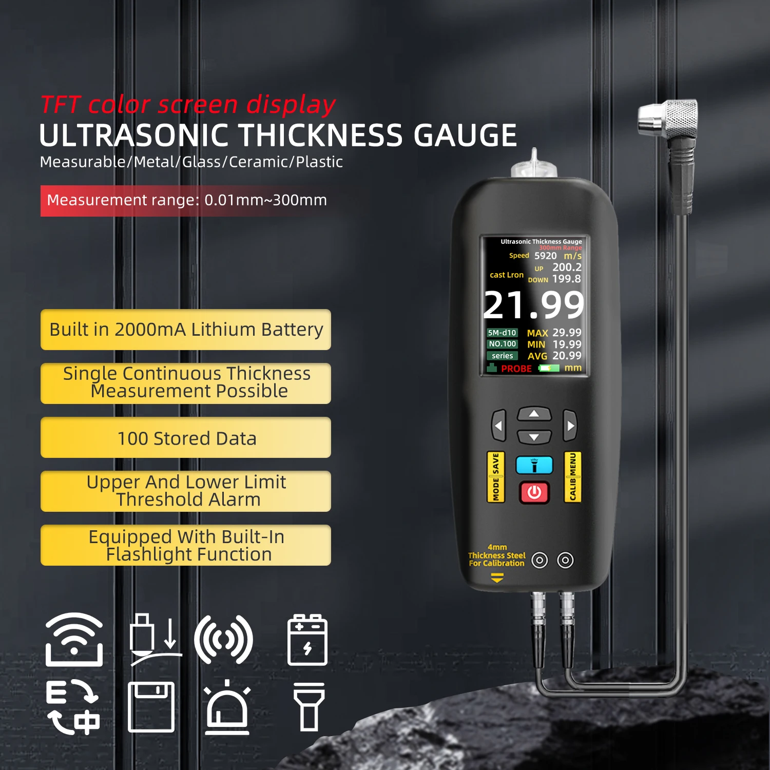 Ultrasonic Digital Thickness Gauge Metal Glass Steels Aluminum Materials Detector SMART SENSOR Thickness Tester Depth Meter