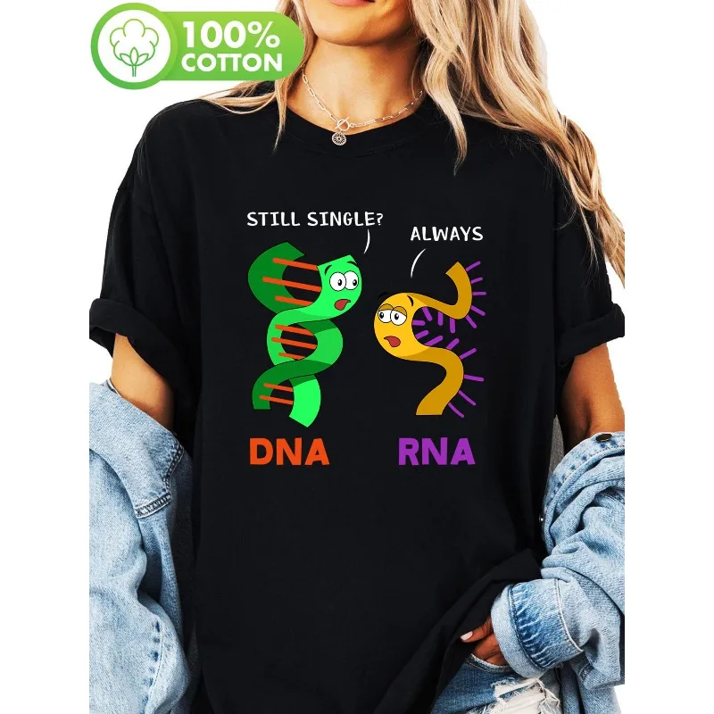 

Cartoon DNA and RNA Pun Biologist Botanist Science Nature Fun Biology Pun Print Women's Crew Neck Casual Cotton T-Shirt