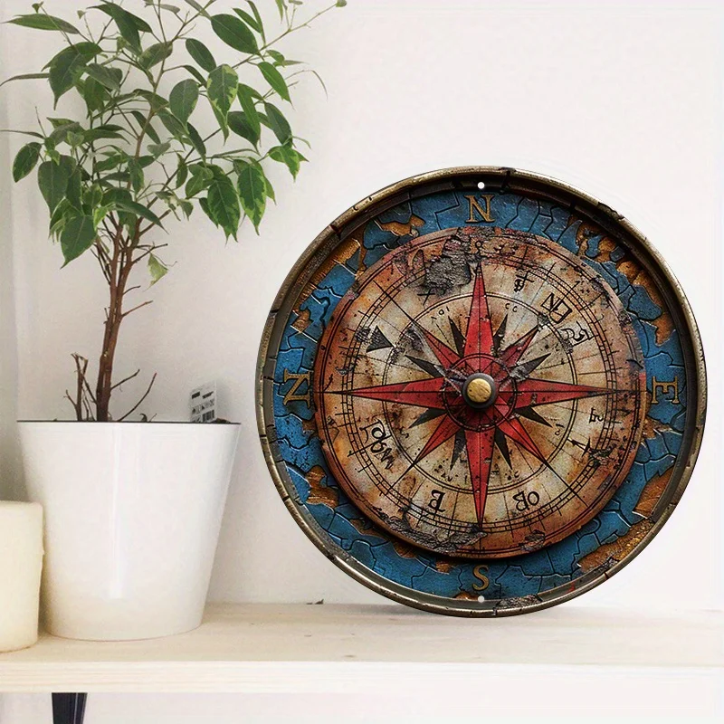 Vintage Compass Aluminum Wall Sign - 8x8 Inch Decorative Round Plaque, Pre-drilled, Weather-Resistant, HD Print - Ideal for Home