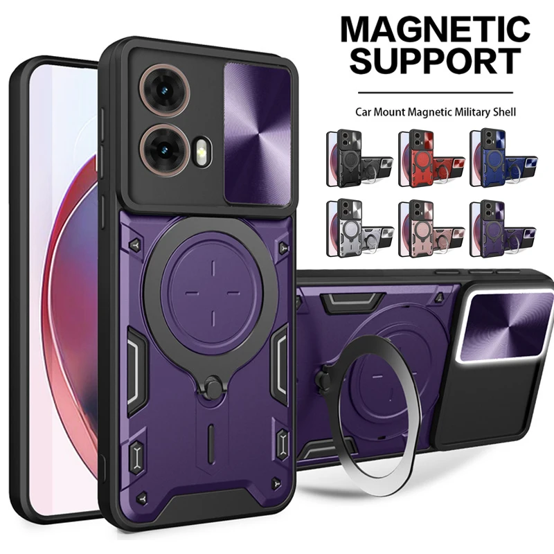 For Motorola Moto G85 5G Armor Case Slide Lens Protection With Ring Stand Back Cover For MotoG85 G 85 Magnetic Car Holder Funda