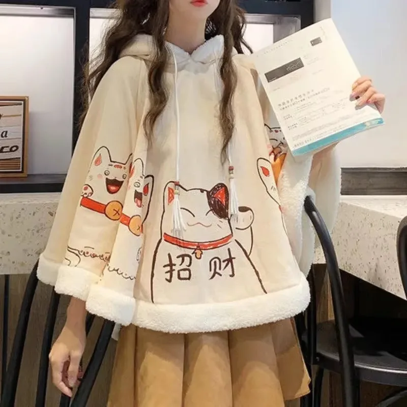 

Japanese Lucky Cat Fleece Cape 2023 Kawaii Cloak Harajuku Ears Hooded Outwear Batwing Sleeve Loose Pullover Tops Winter Clothes