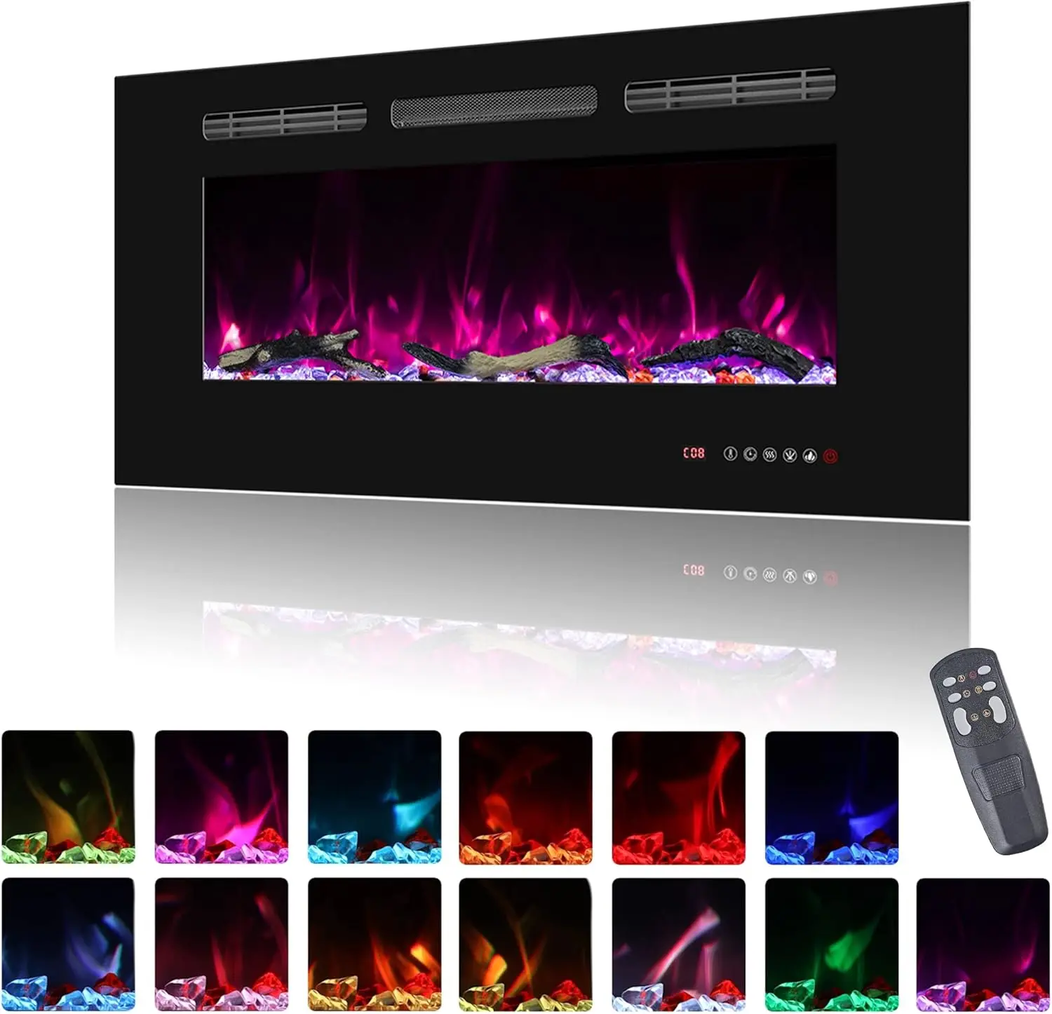

36-дюймовый встраиваемый электрический камин с 13 цветами пламени, регулируемой температурой и таймером, черная рама