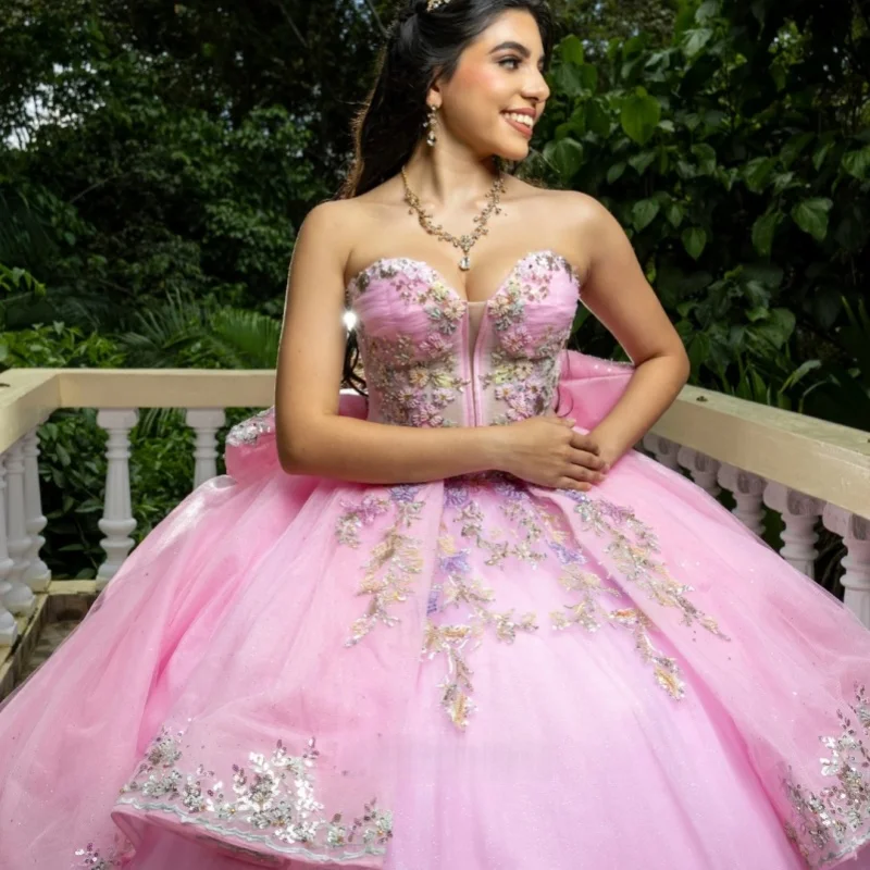 

Розовое платье Quinceanera с открытыми плечами, блестящая цветочная наклейка с кристаллами, кружевное многослойное платье с бантом, платья de 15, Quinceanera ﻿ Настроить