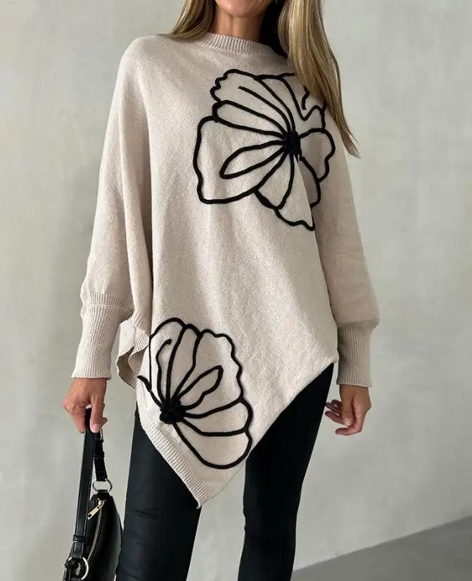 

Women's Sweater 2025 Spring Autumn New Jacquard Batwing Sleeve Asymmetrical Pullover Sweater Casual Round Neck Loose Fit Top