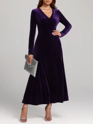 New Fashionable, Elegant, Comfortable and Versatile Long-Sleeved V Neck Velvet Women's Dress with Large Hem