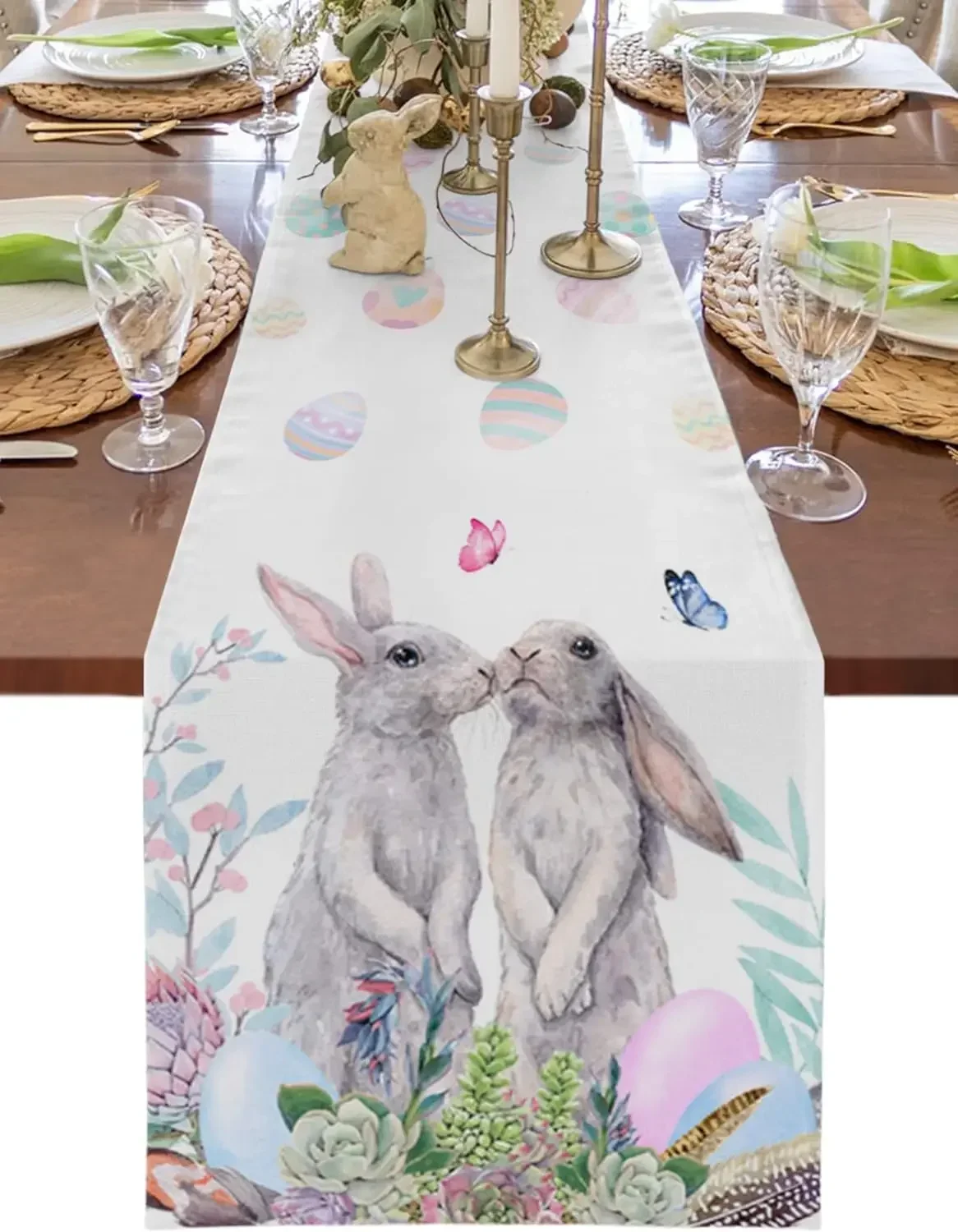 Easter Bunny Eggs Linen Table Runner Holiday Party Decor Spring Rabbit Floral Table Runners Dresser Scarf for Wedding Decoration