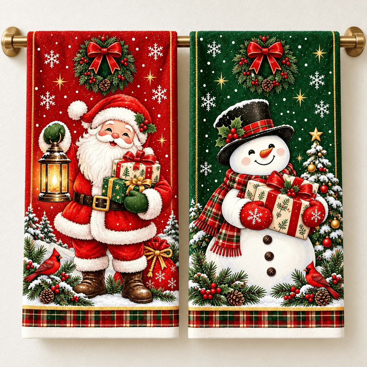 2 towels, polyester Christmas printed towels, red and green together to have a festive atmosphere