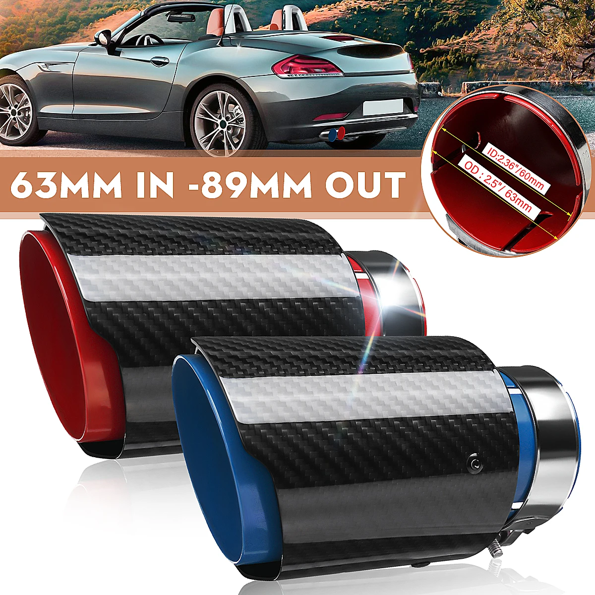 

Universal Car 63mm Inlet Diameter 74mm Outlet Double-Barrel Rear Exhaust Tip Tail Pipe Muffler Stainless Steel