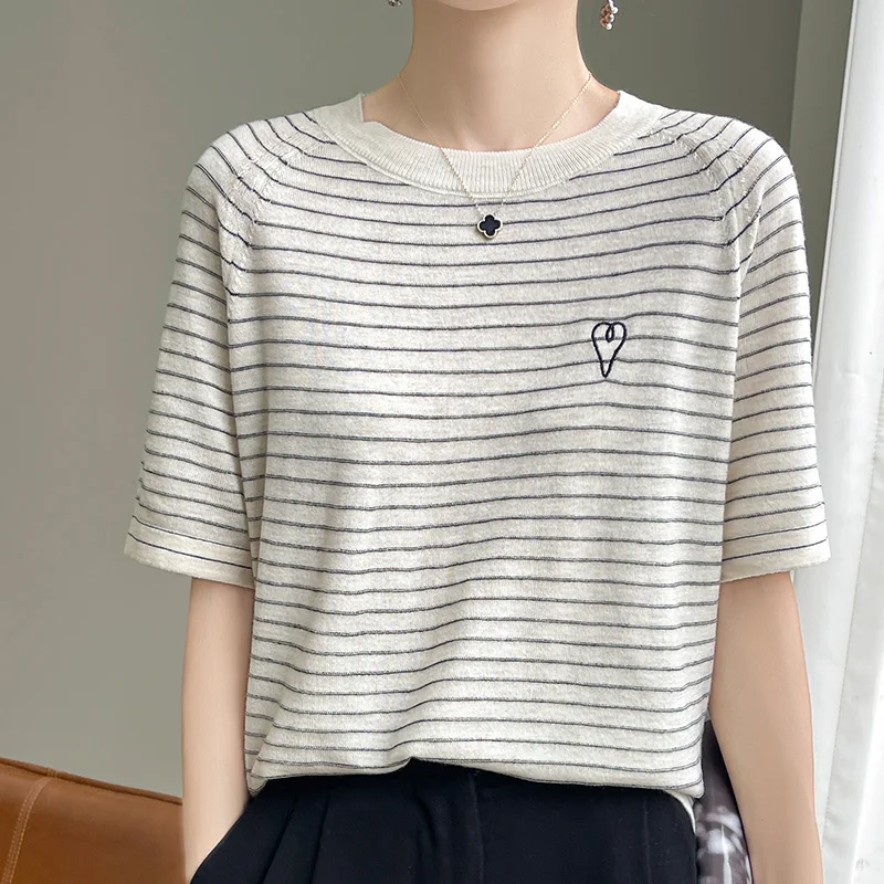 Summer Tencel Thin Short sleeved Women\'s Striped Round Neck Loose Pullover Korean Fashion Casual Silk T-Shirt Top