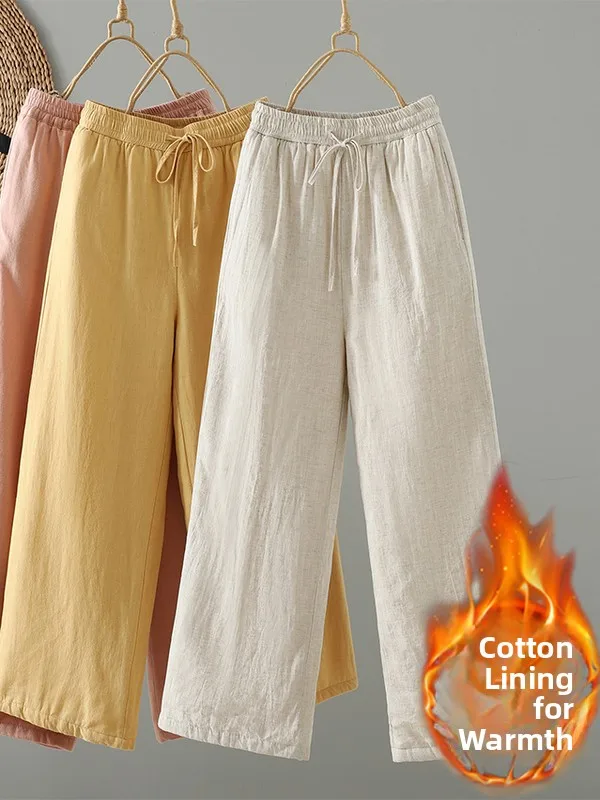 

High Waist Wide Leg Cotton Pants Dstring Elastic Waist Casual Pure Color Straight Leg Pants for plus Size Women Autumn Winter