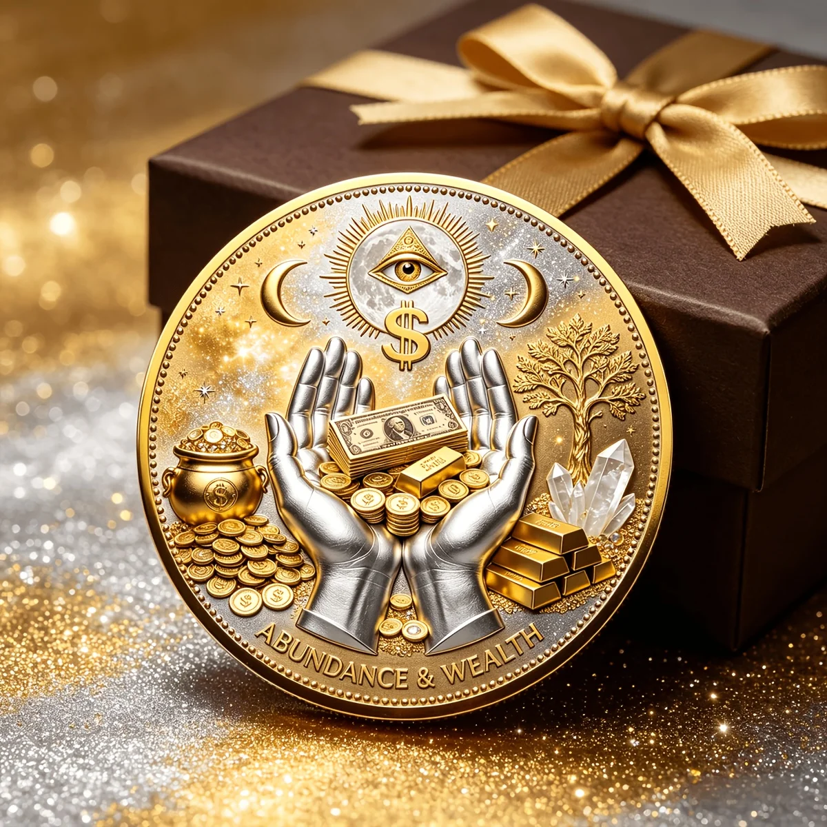 3D Reichtums- und Überschussmünze, Allsehendes Auge Münze, Glücksbringer, Schutzsymbol, Vertreibt negative Energie, Taschen-Geschenk – Detail 7