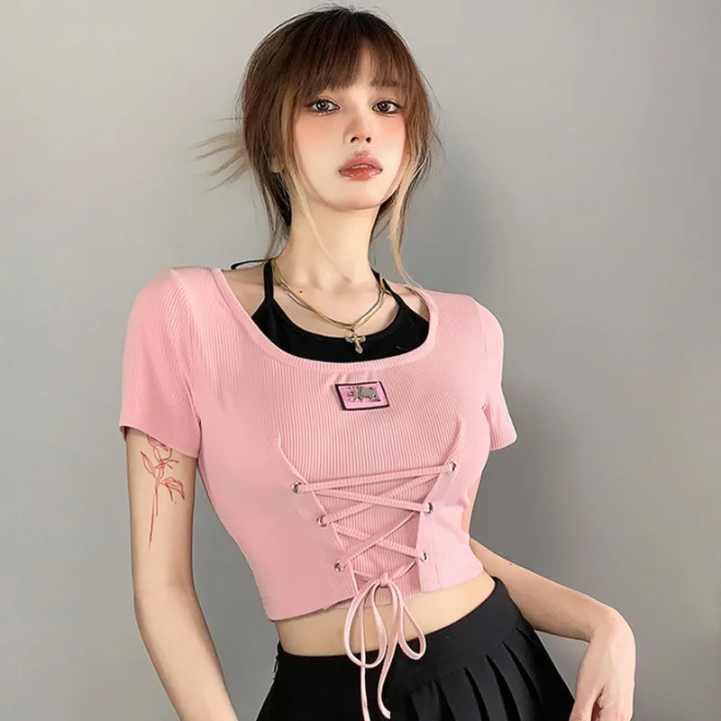 Lace Up Halter Short Sleeved T-shirt Hollow Out Patchwork Street Fashion Tshirt Y2K Women Short Top Fake Two Pieces Tee Shirt