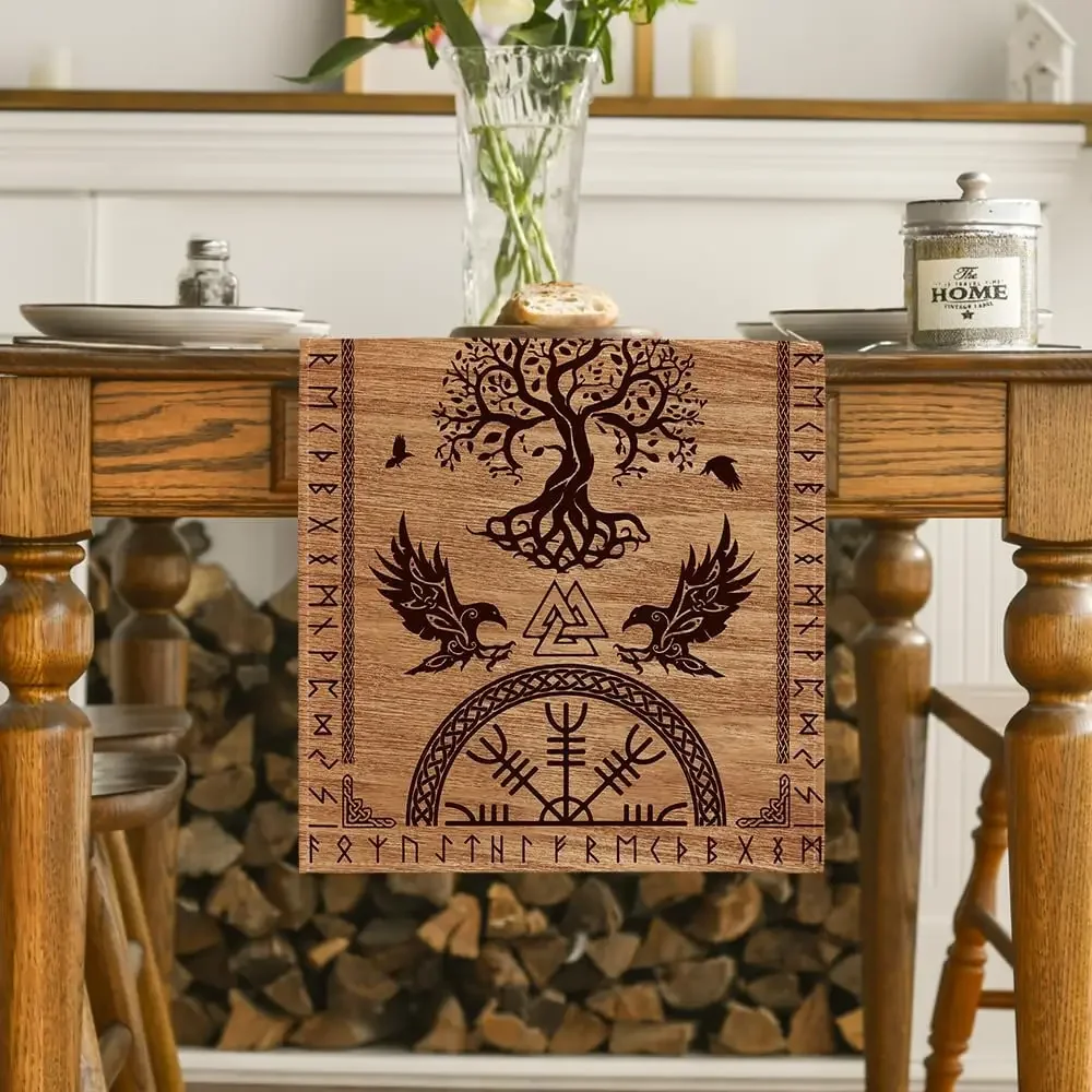 Vintage Viking Raven Helmet of Awe Linen Table Runner Holiday Party Decor Reusable Kitchen Dining Table Runner Viking Decoration