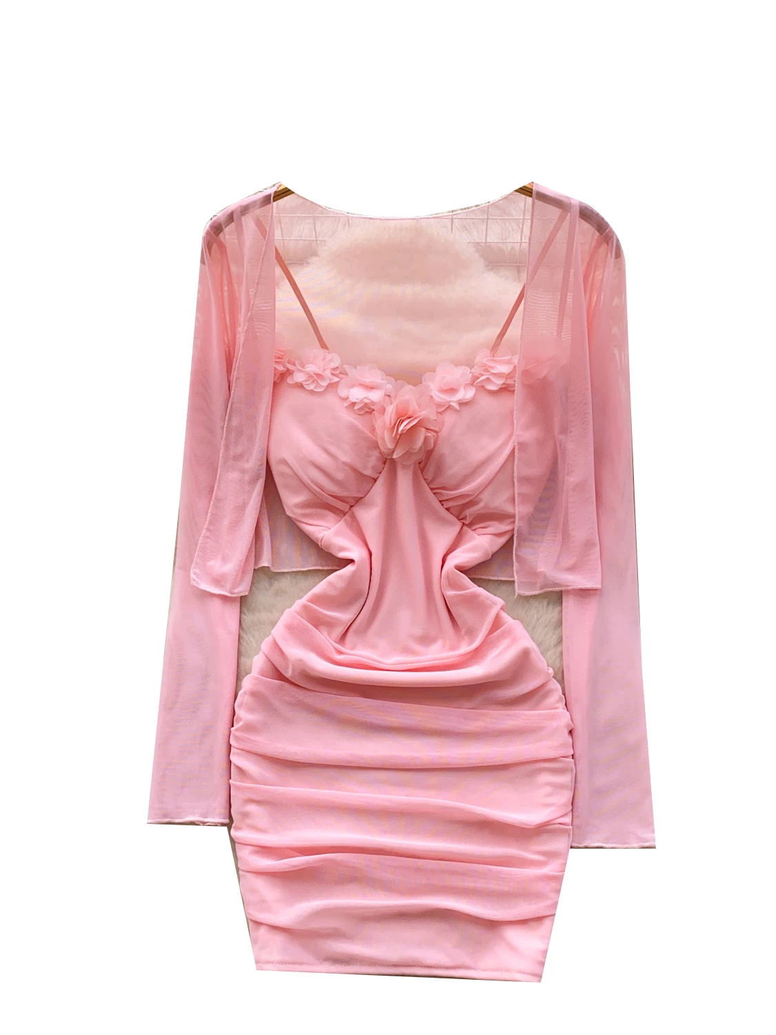 ชุดเซ็ตสองชิ้นสำหรับผู้หญิงสไตล์เกาหลี ปี 2026 เสื้อทรงเอไลน์เอวสูง แต่งลายดอกไม้ พร้อมเสื้อคลุมยาว