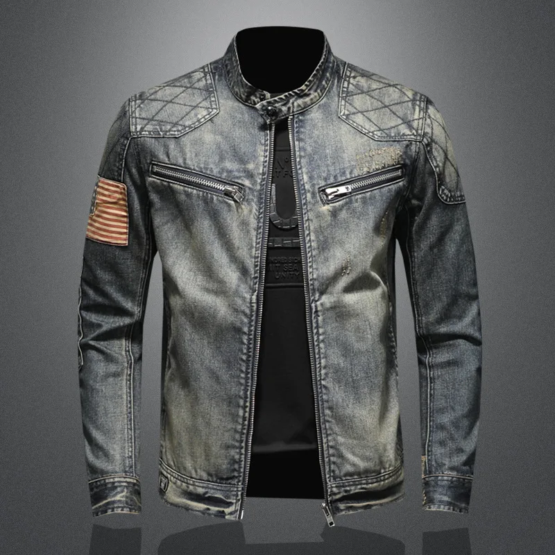 

2023 fashion all-match denim jacket trend handsome casual new men's personality stand-up collar zipper denim top