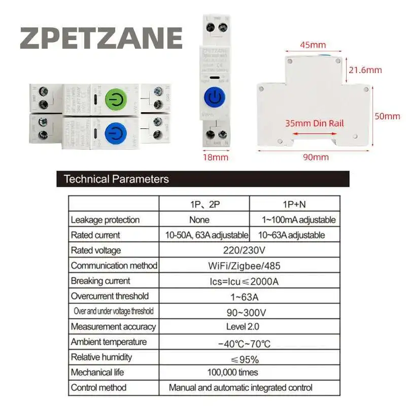 TUYA ZigBee Wifi Circuit Breaker With Metering For Smart Home 1P 1-63A DIN Rail Wireless Remote Control Switch APP Control