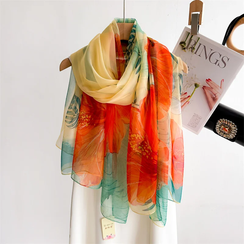 

New Fashion Floral Printed Shawls Oversized 140*190cm Organza Stoles for Women Silk Yarn Gauze Beach Cover up Scarf Ladies